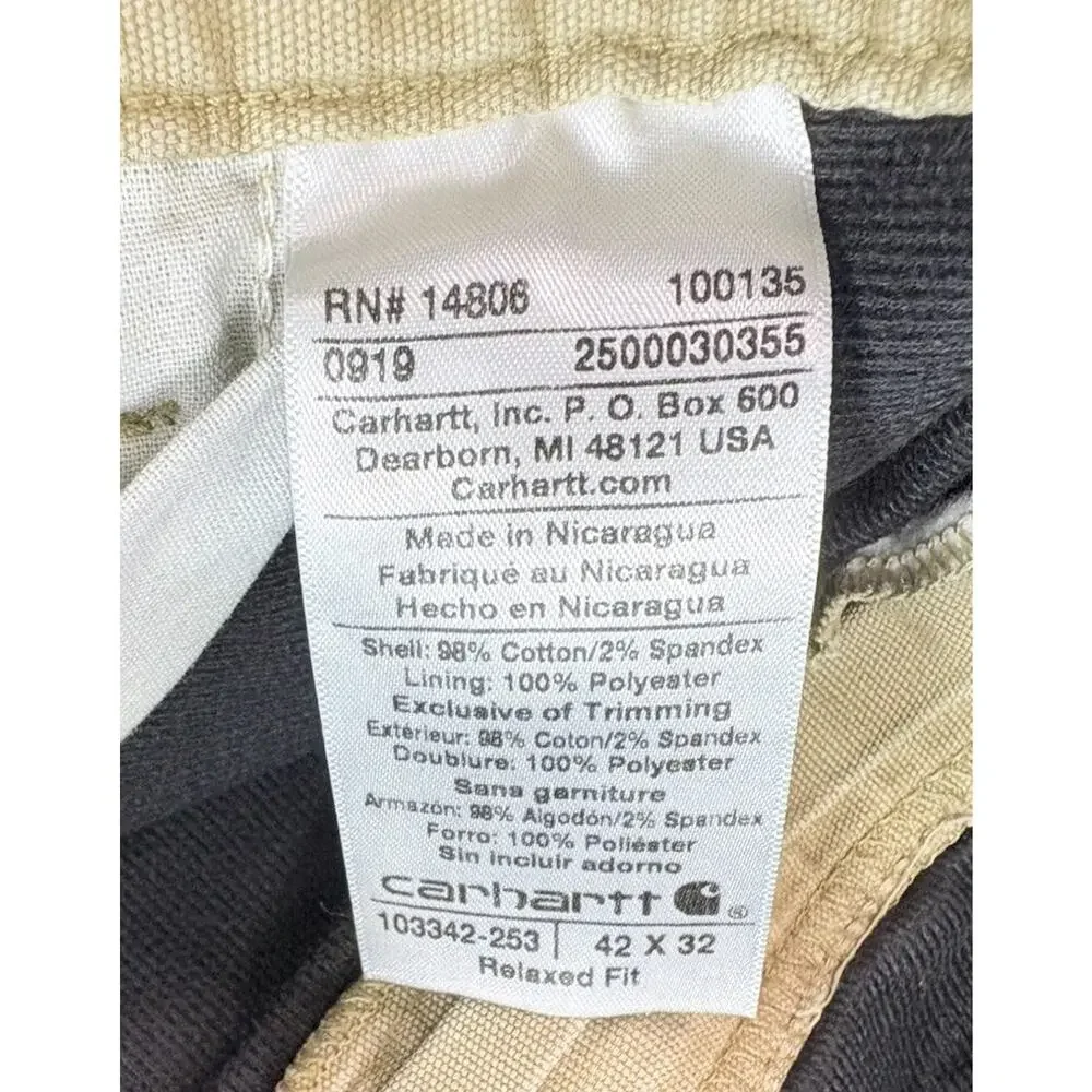CARHARTT Men's Relaxed Fit Fleece Lined Work Pants 103342-253 Tan Size 42x32